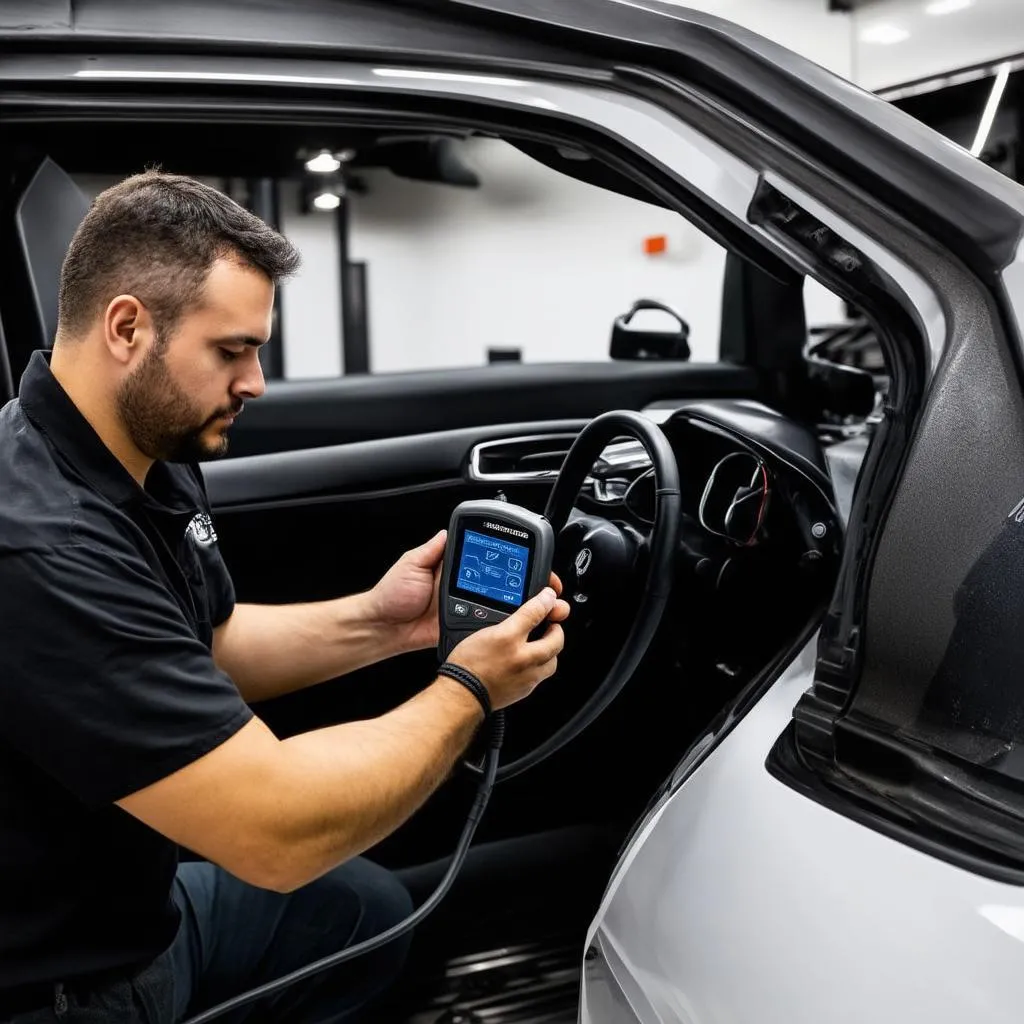 Mechanic Using Dealer Scanner on a European Car