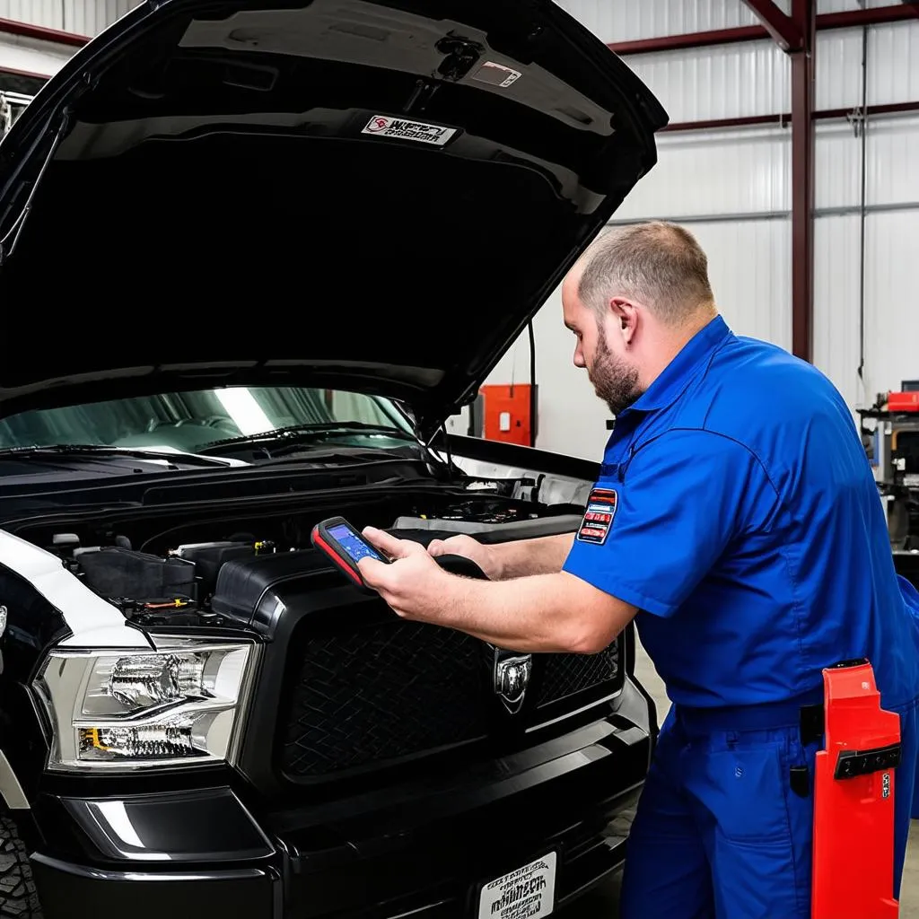 Mechanic Using OBD Scanner in Garage