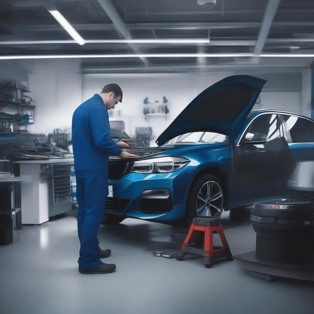 Mechanic using scanner on BMW