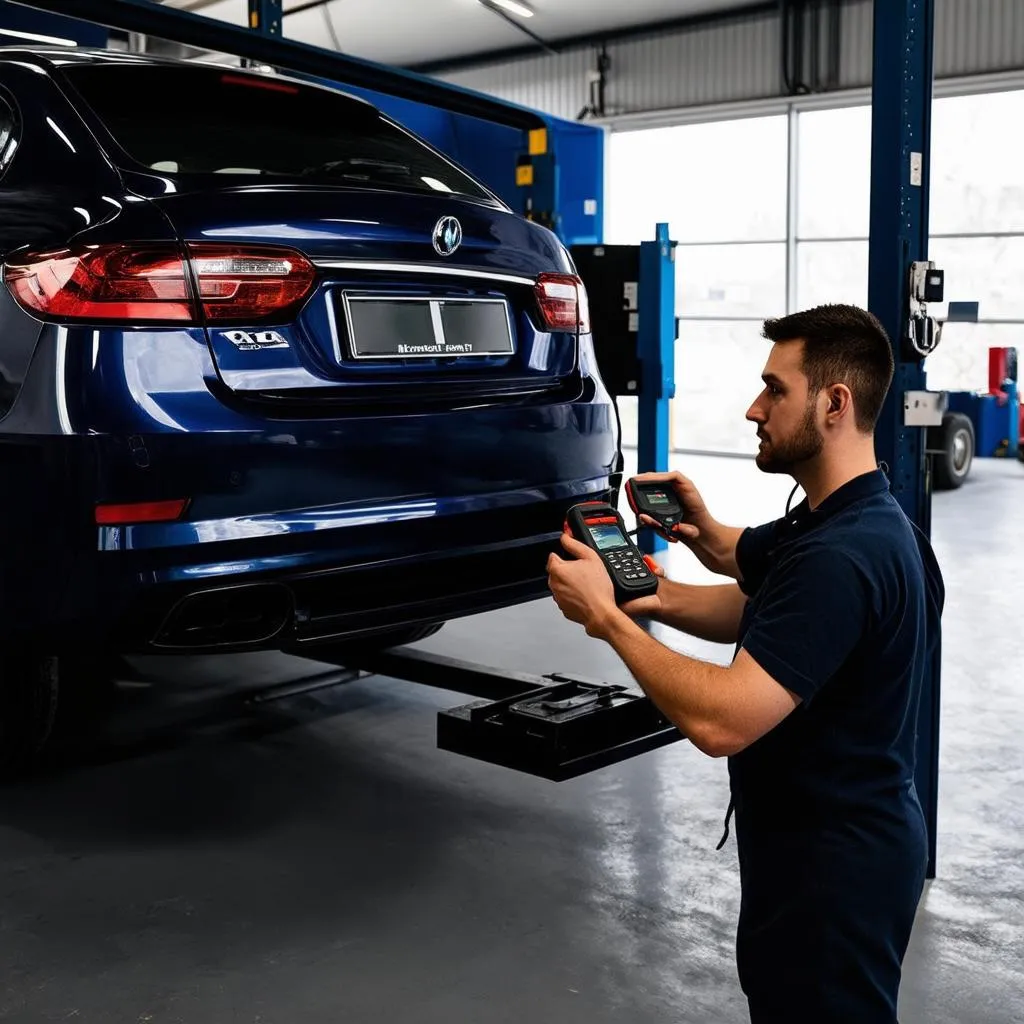 Mechanic Using Scanner on European Car