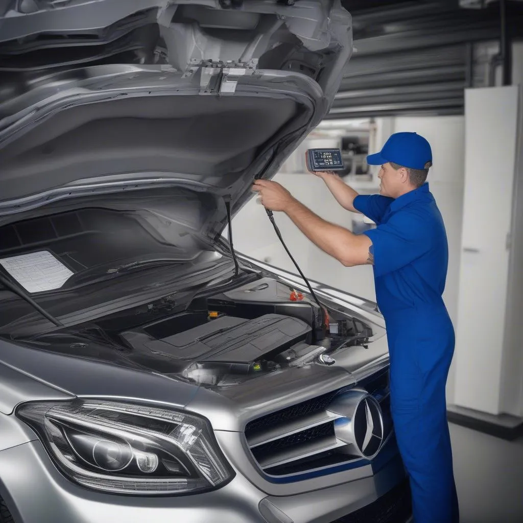 Mechanic using a diagnostic scanner on a car.