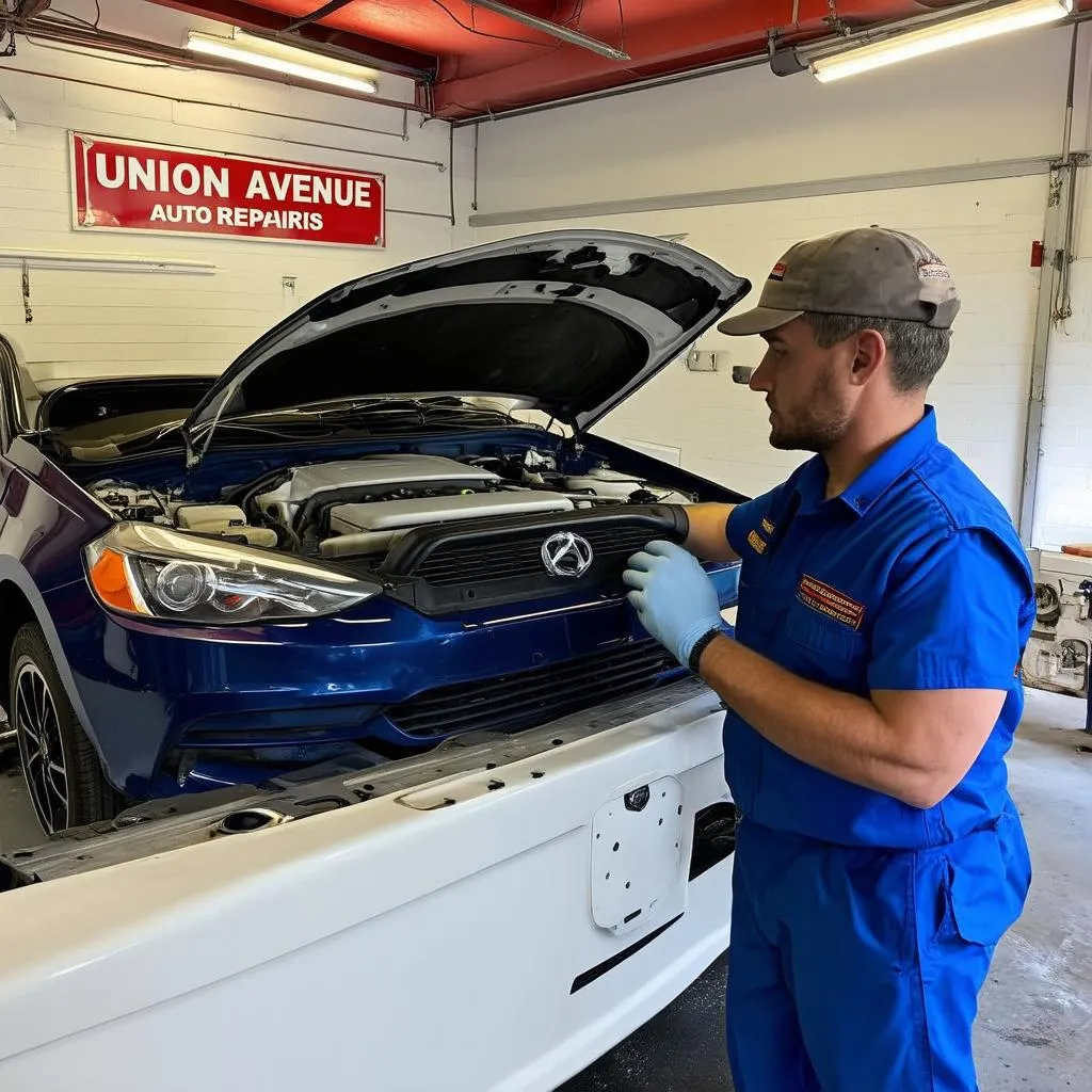 Mechanic Working On A Car In His Shop On Union Avenue