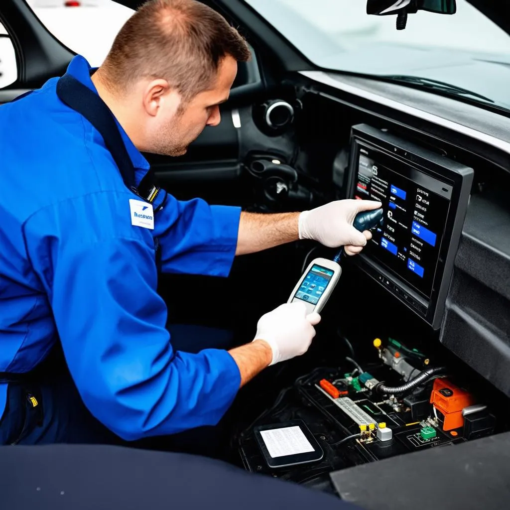 A mechanic working on a car's electronics