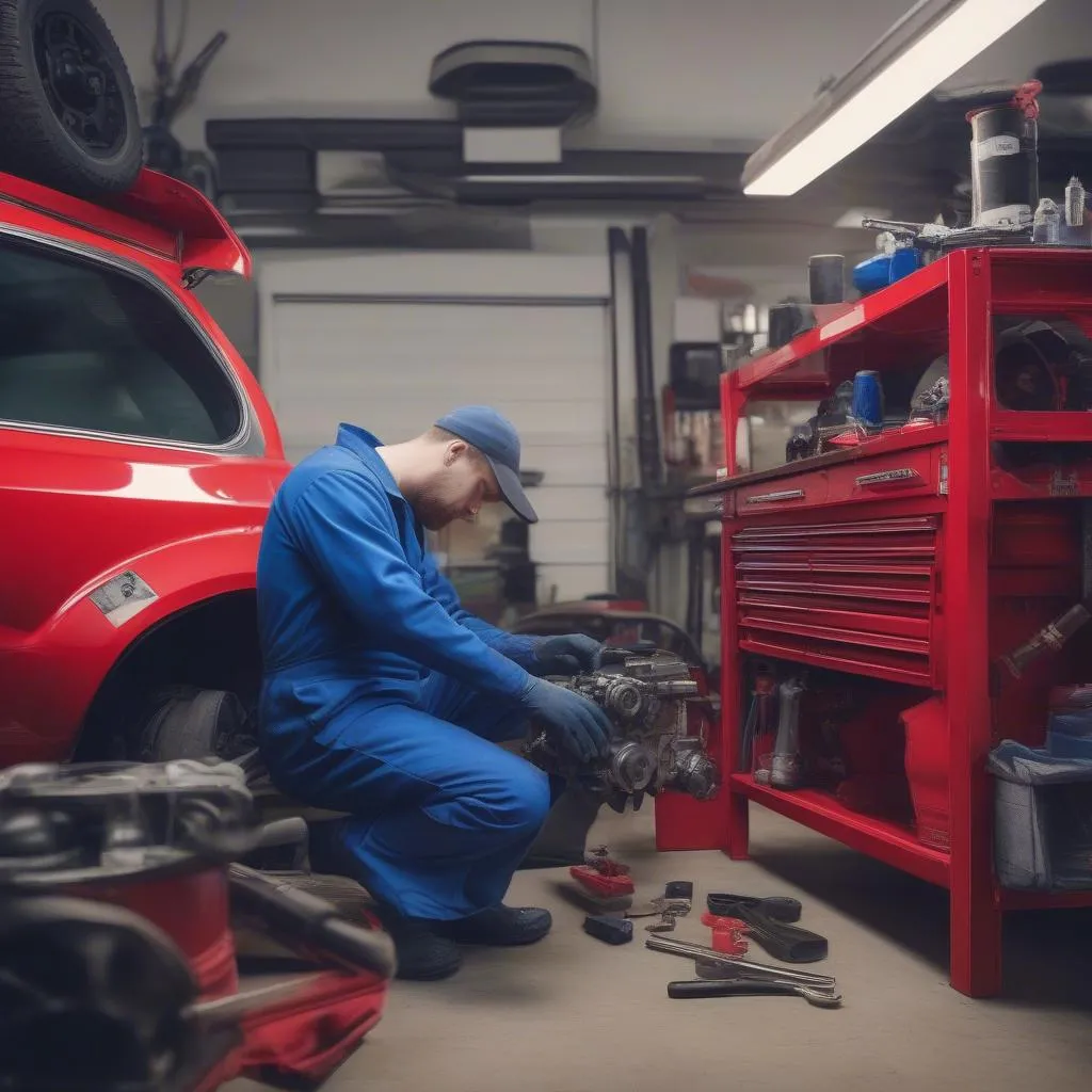 Mechanic working on a car in his garage