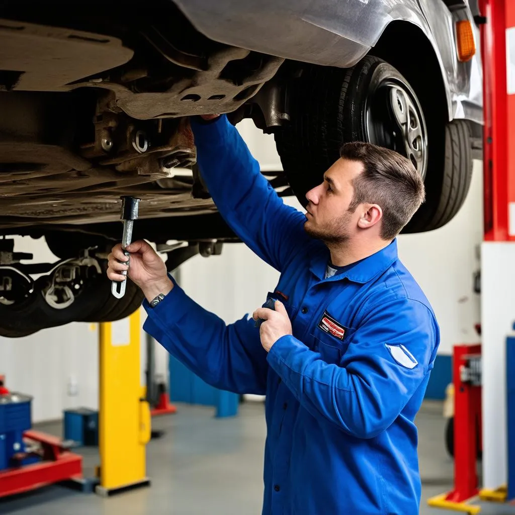 Mechanic working on car brakes in an auto repair shop