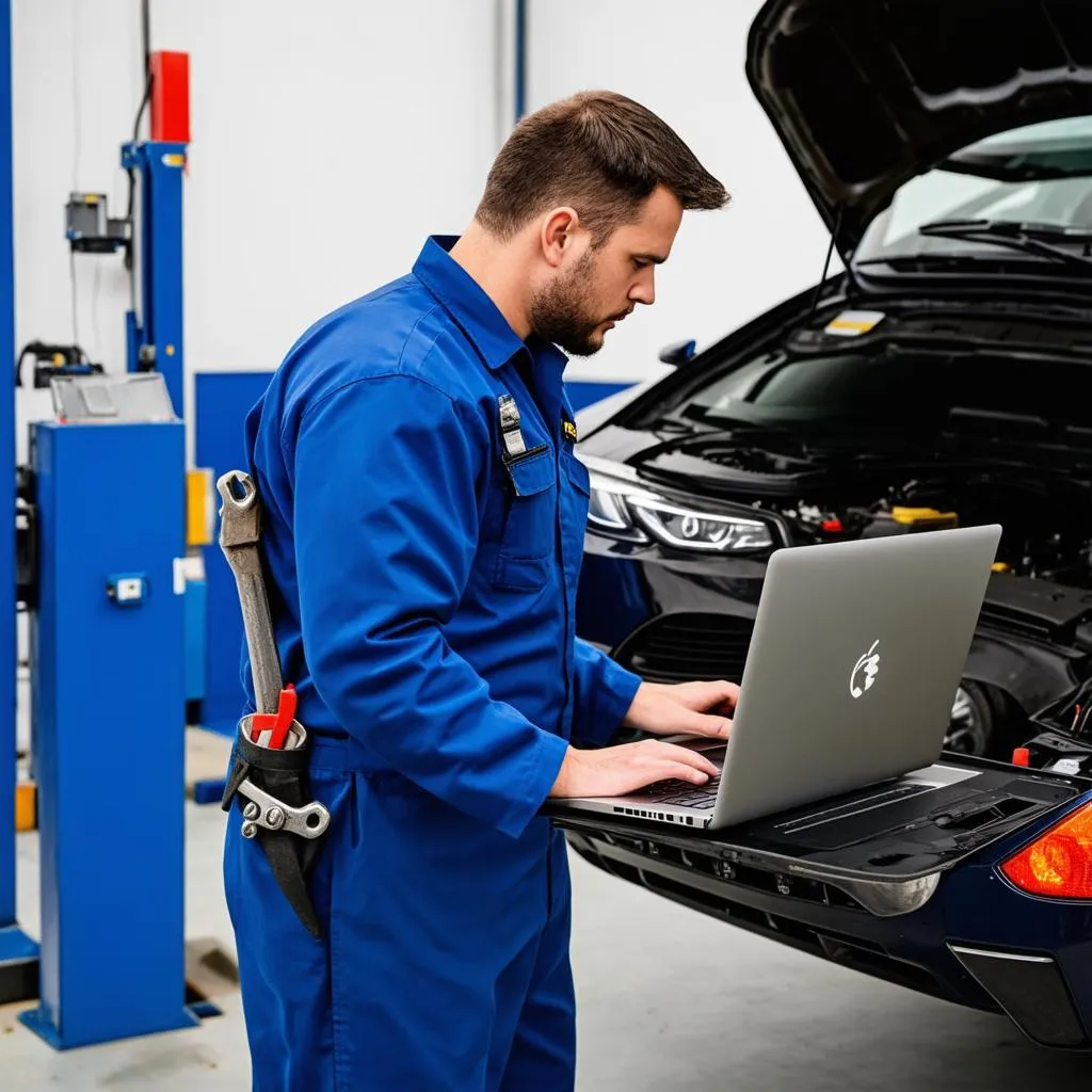 Mechanic using a laptop for car diagnostics