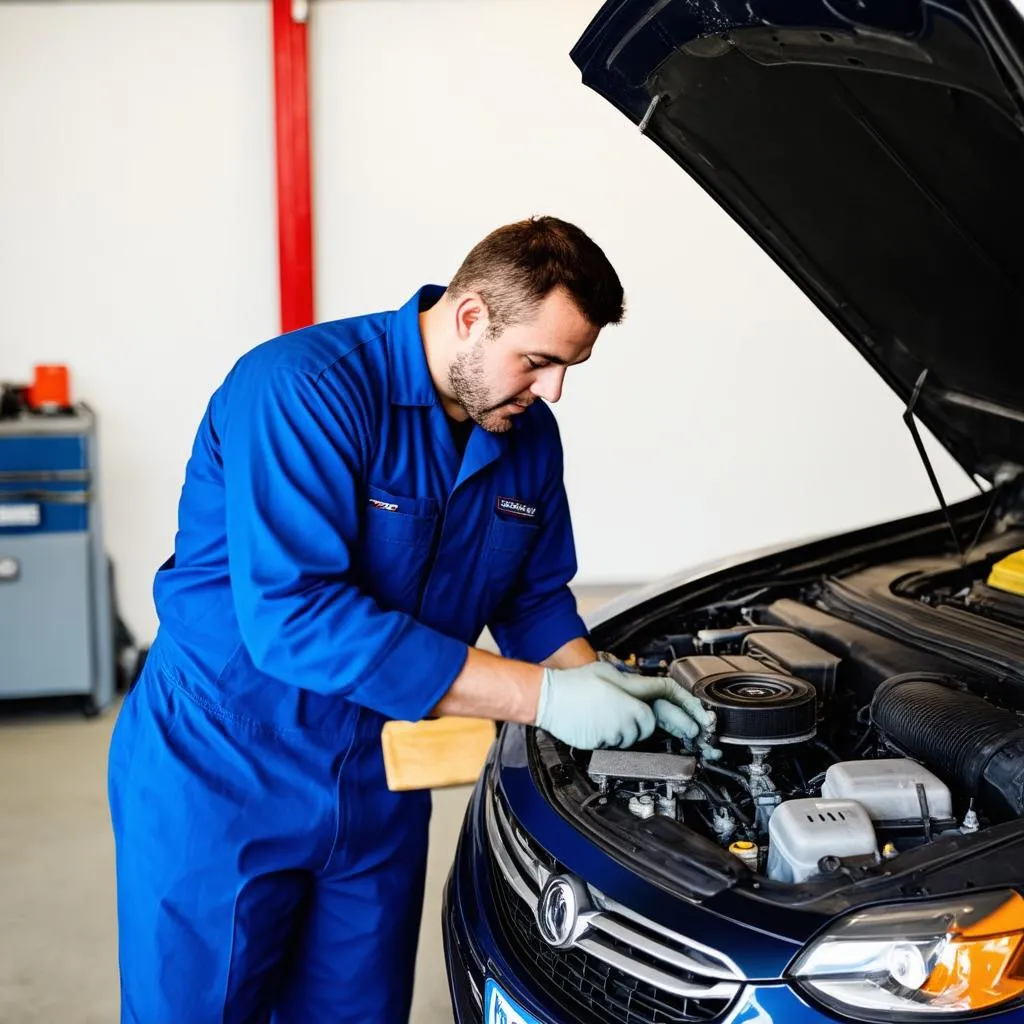 Mechanic Working On Car Engine