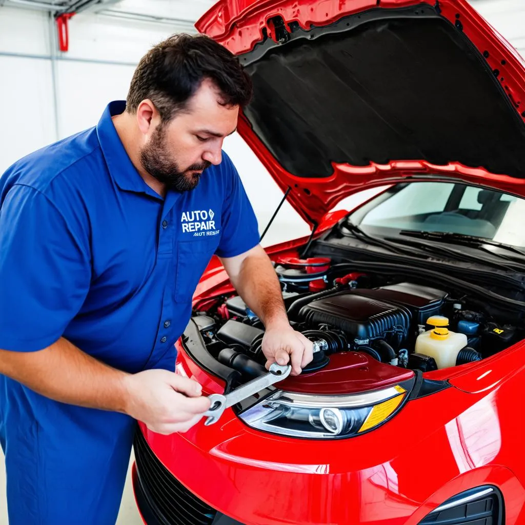 A mechanic working under the hood of a car