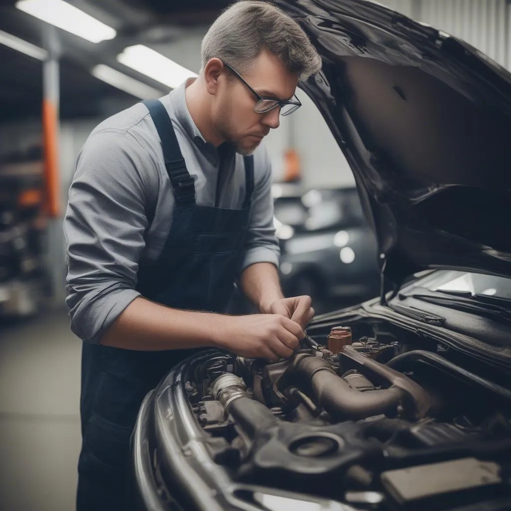 Mechanic Working on Car Engine