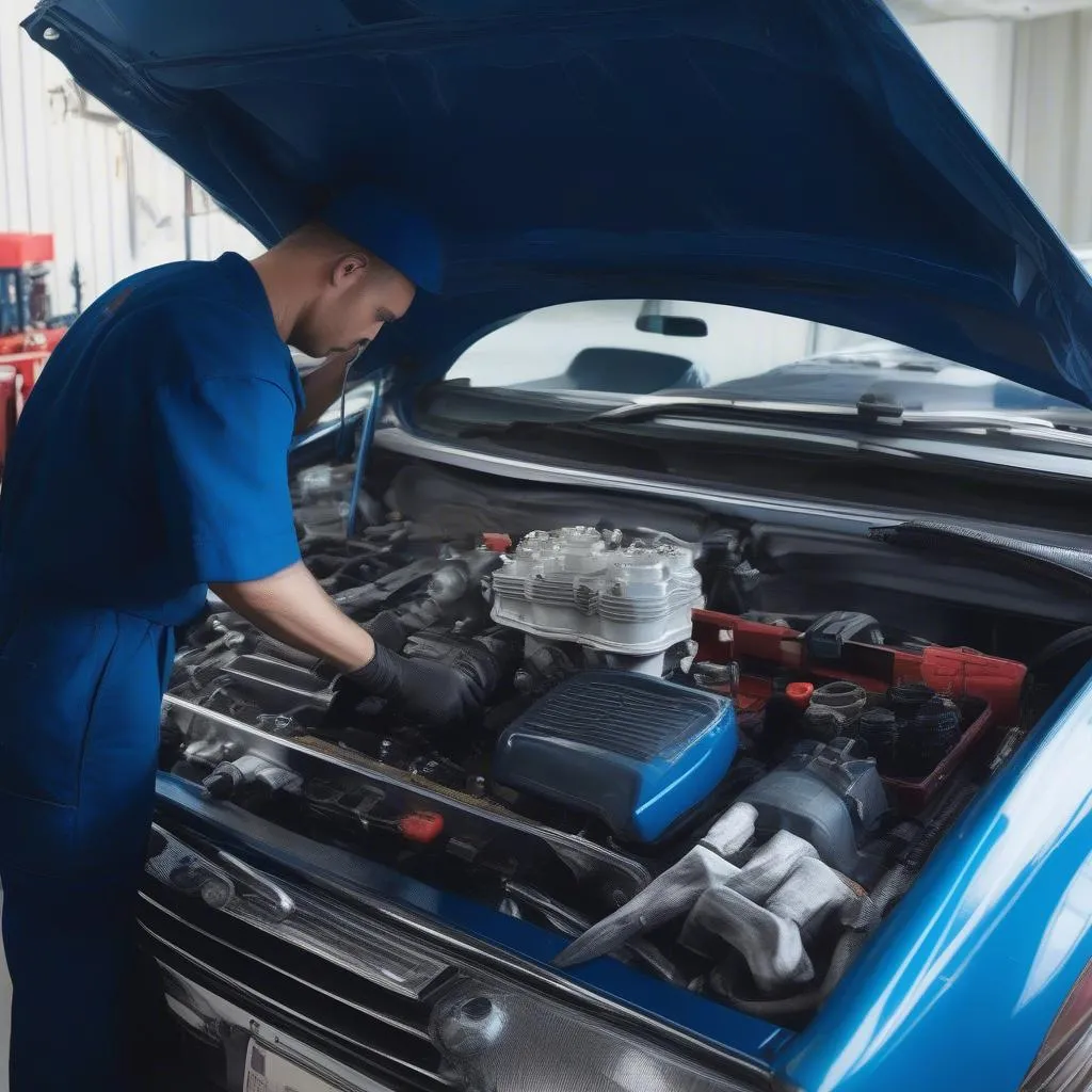 Mechanic working on a car engine, diagnosing issues