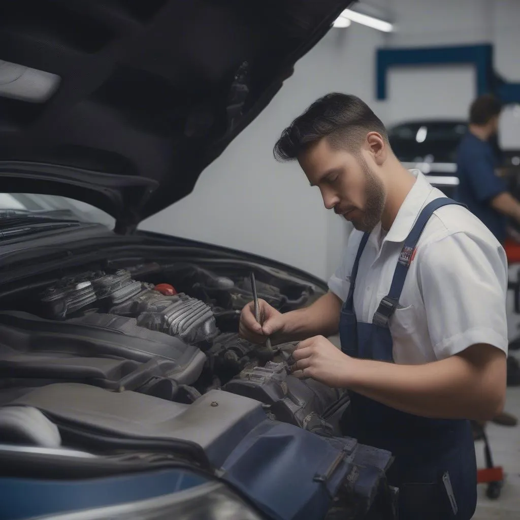 Mechanic Working on Car Engine