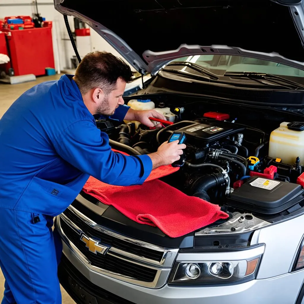 Mechanic using a diagnostic tool