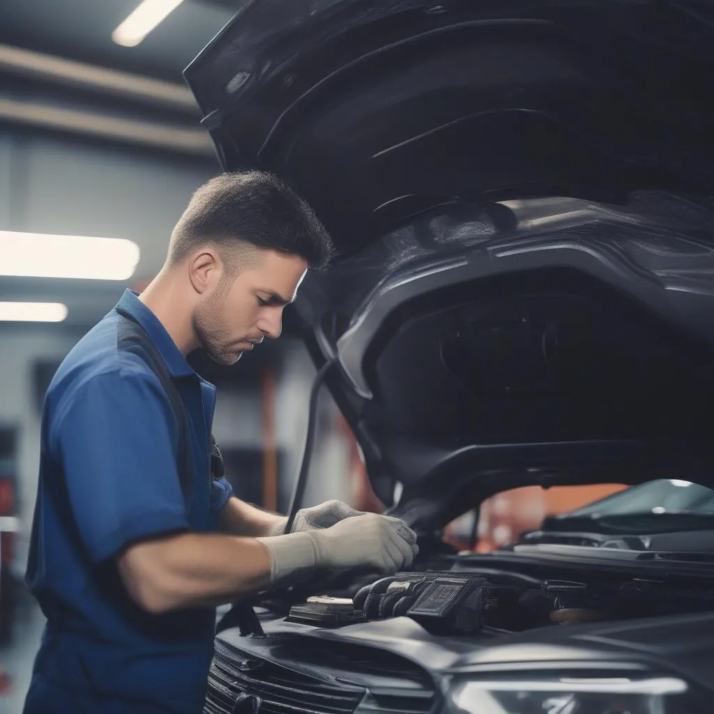 Mechanic using a diagnostic tool on a European Car