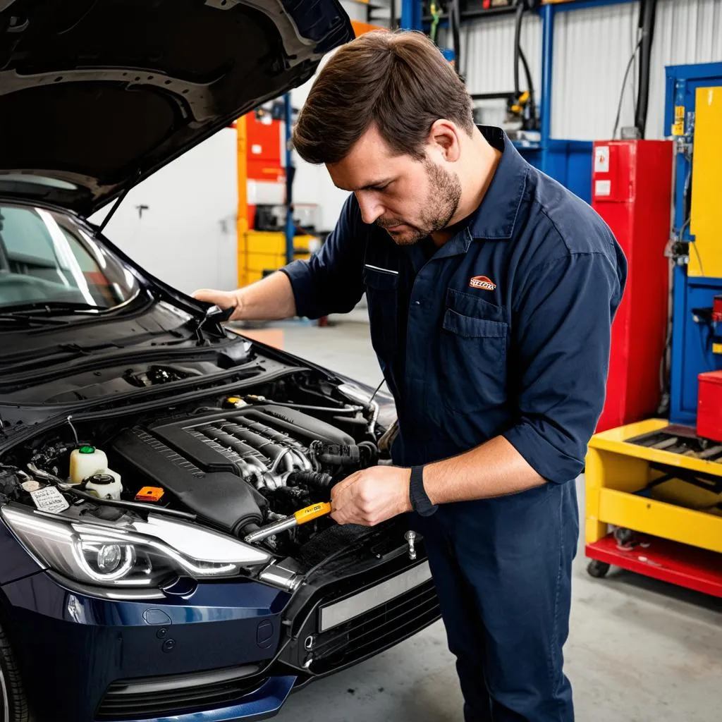 Mechanic Working on European Car Engine