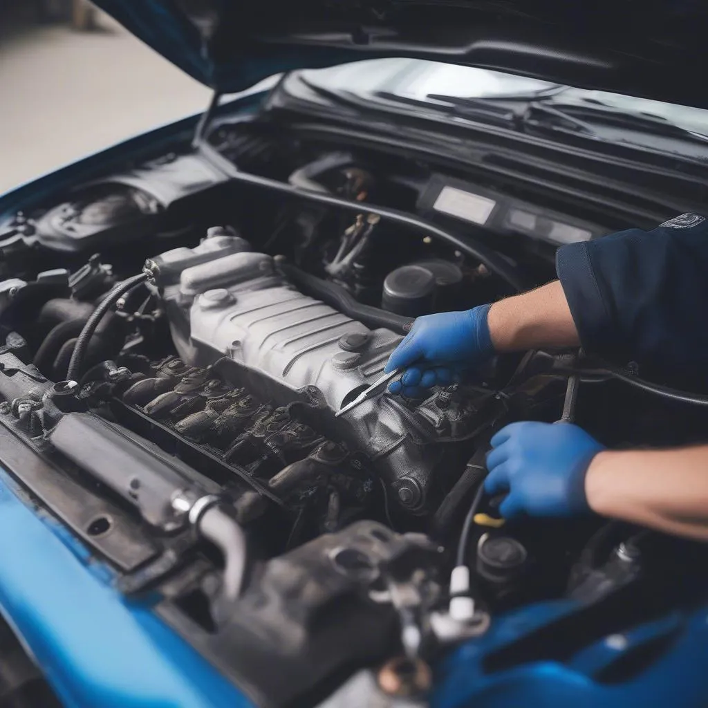 Mechanic inspecting the engine of a European car