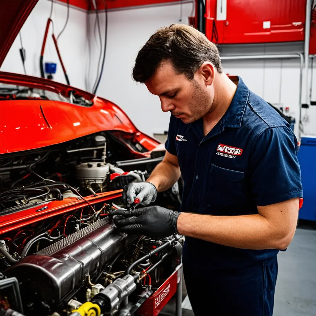 Mechanic Working on Race Car Engine