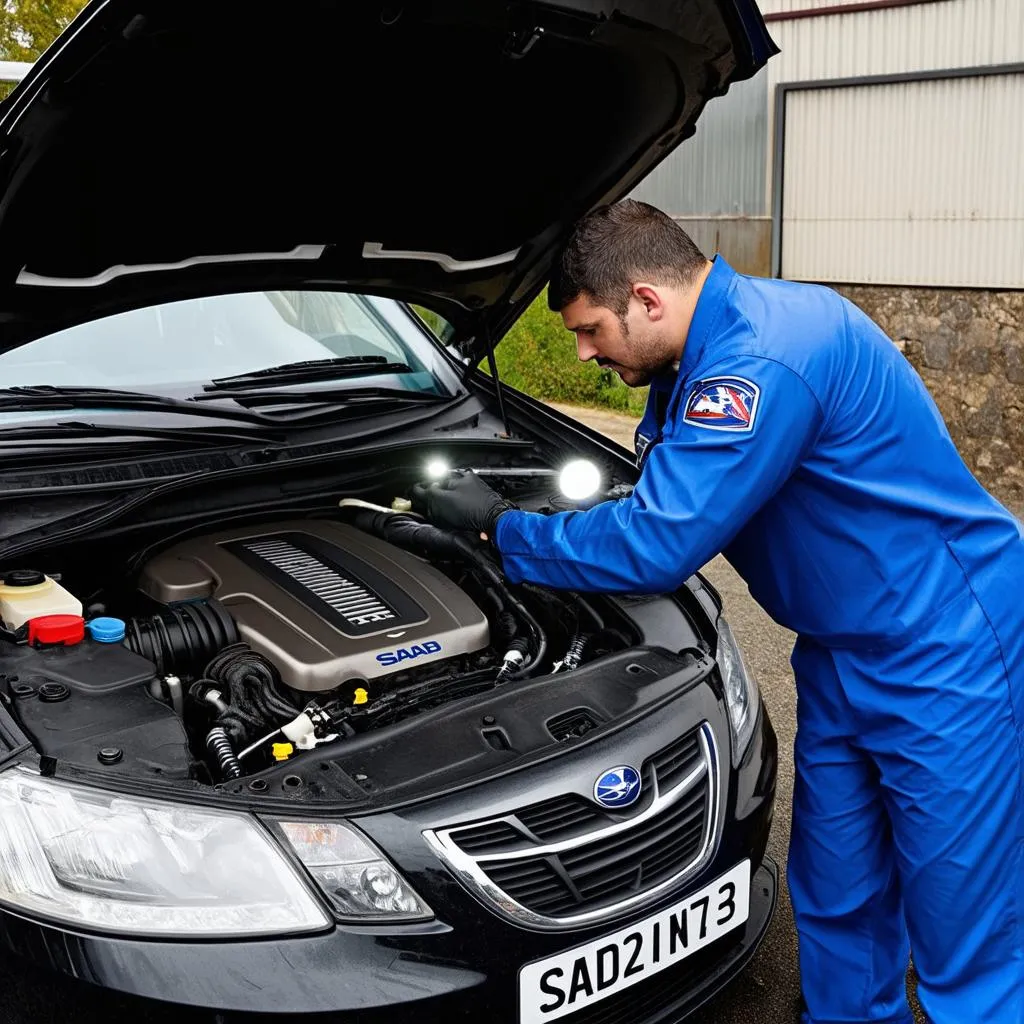 Mechanic inspecting Saab 9-3 engine bay