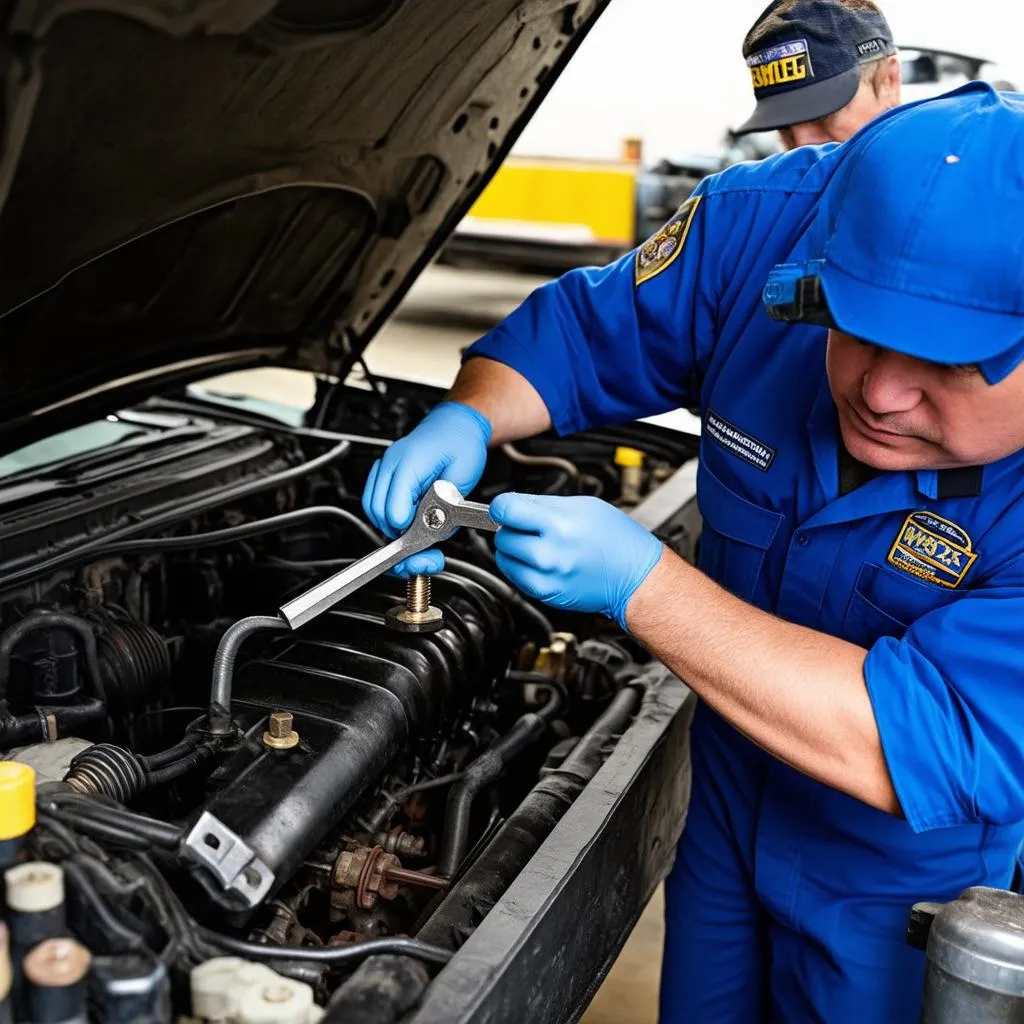 Mechanic Working on Truck Engine