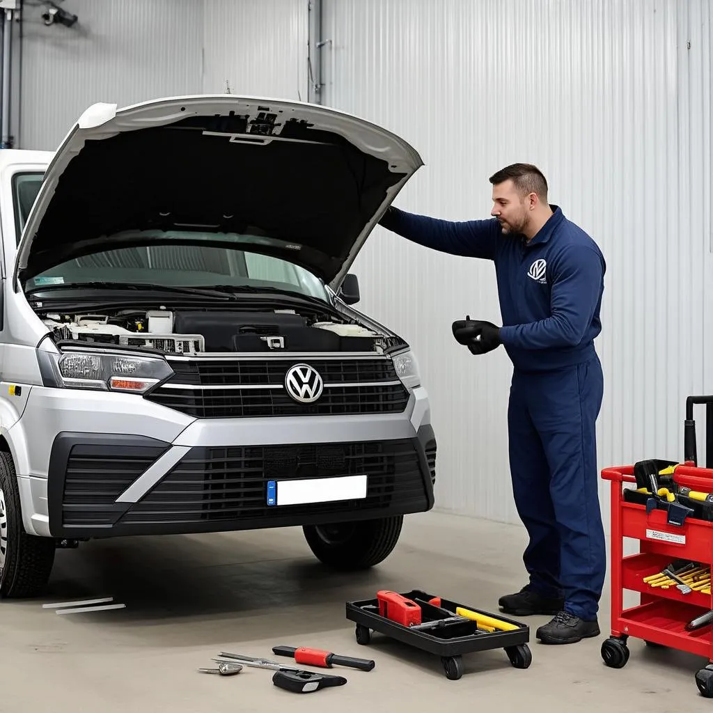 Mechanic Working on Volkswagen Crafter Engine