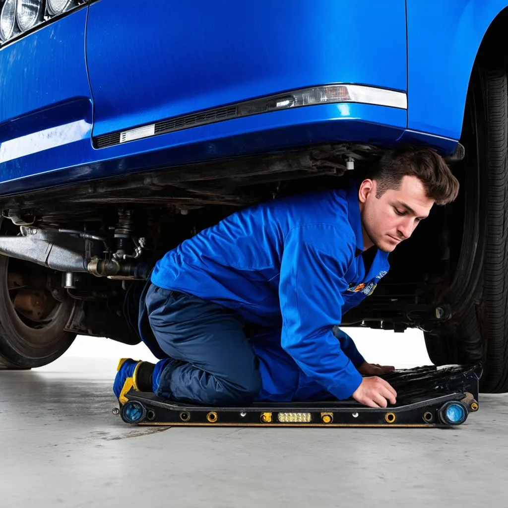 Mechanic working on brakes under a car raised on a lift