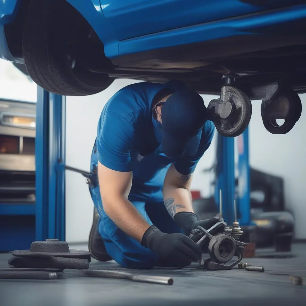 Mechanic Working Under a Lifted Car