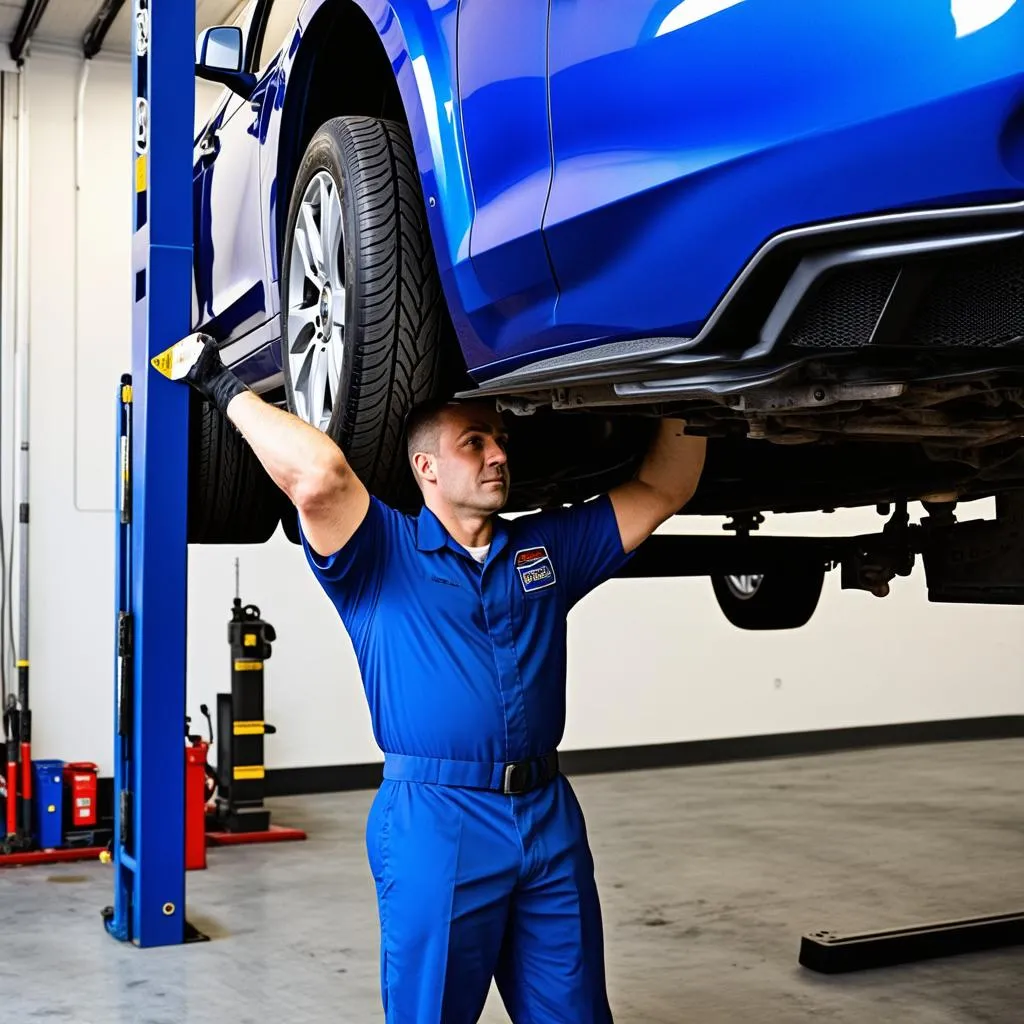 Mechanic Working on Lifted Car