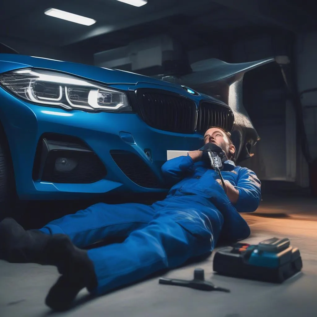 Mechanic working under the dashboard of a BMW