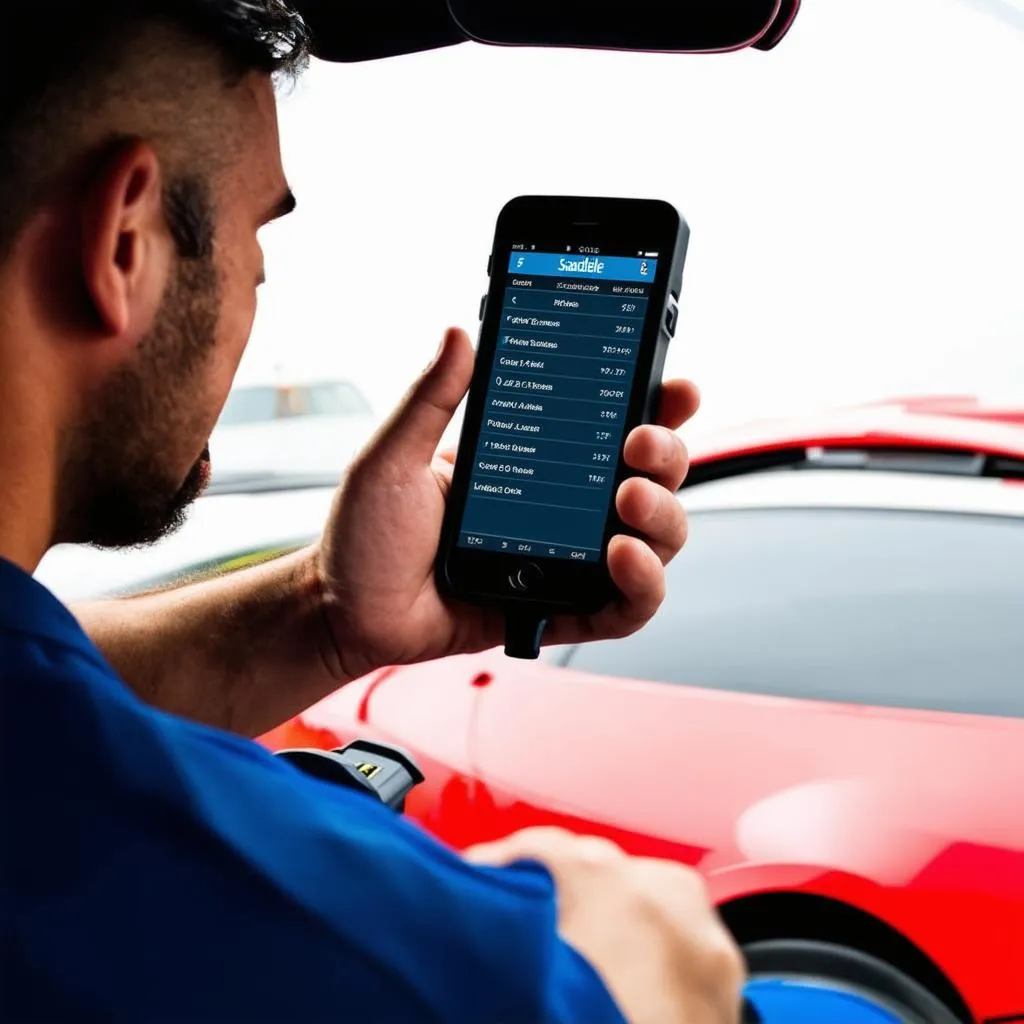 Mechanic using iSaddle OBD II to diagnose a car