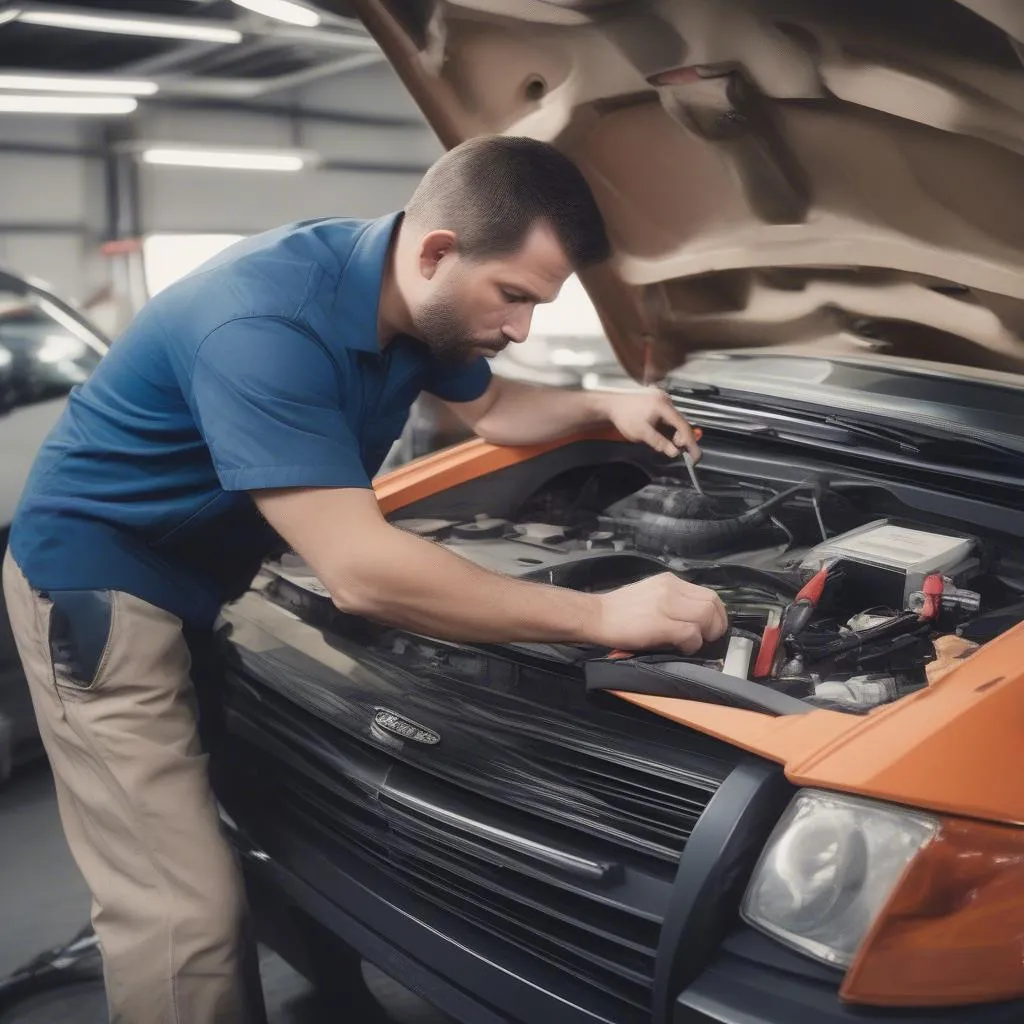 Mechanic using a diagnostics scanner