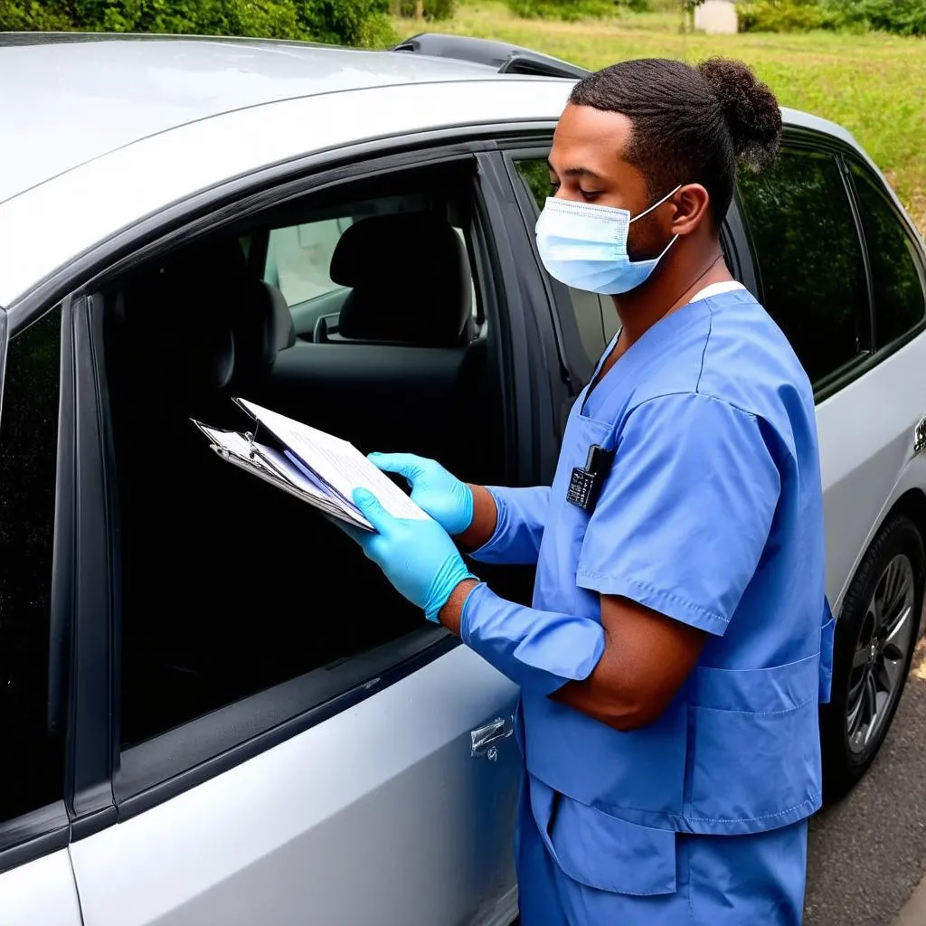 Medical professional talking to driver