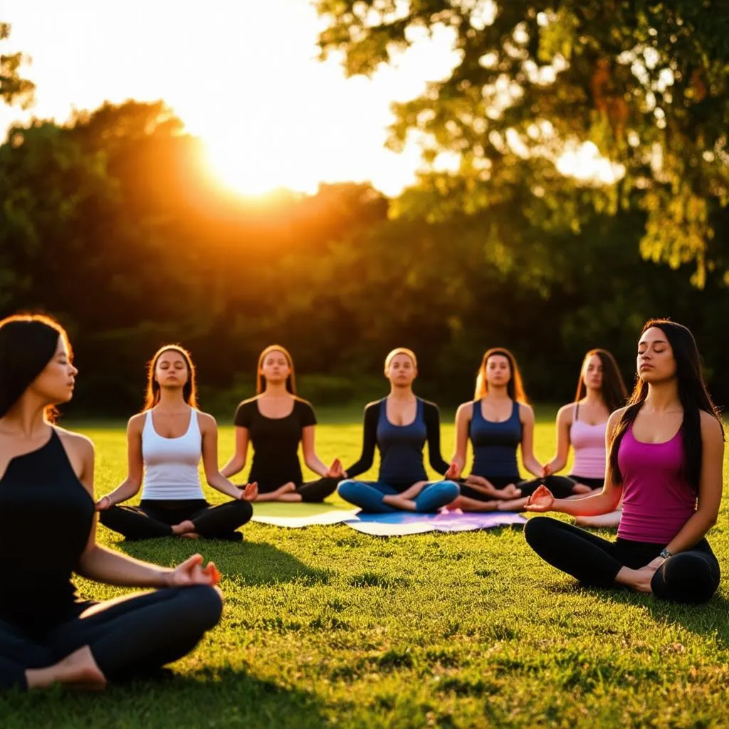 People meditating in the park