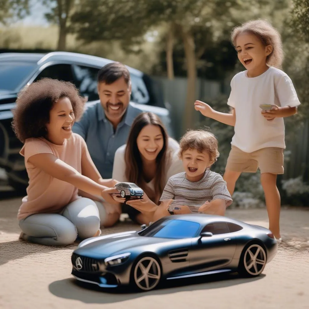 Family playing with Mercedes Benz toy car with remote