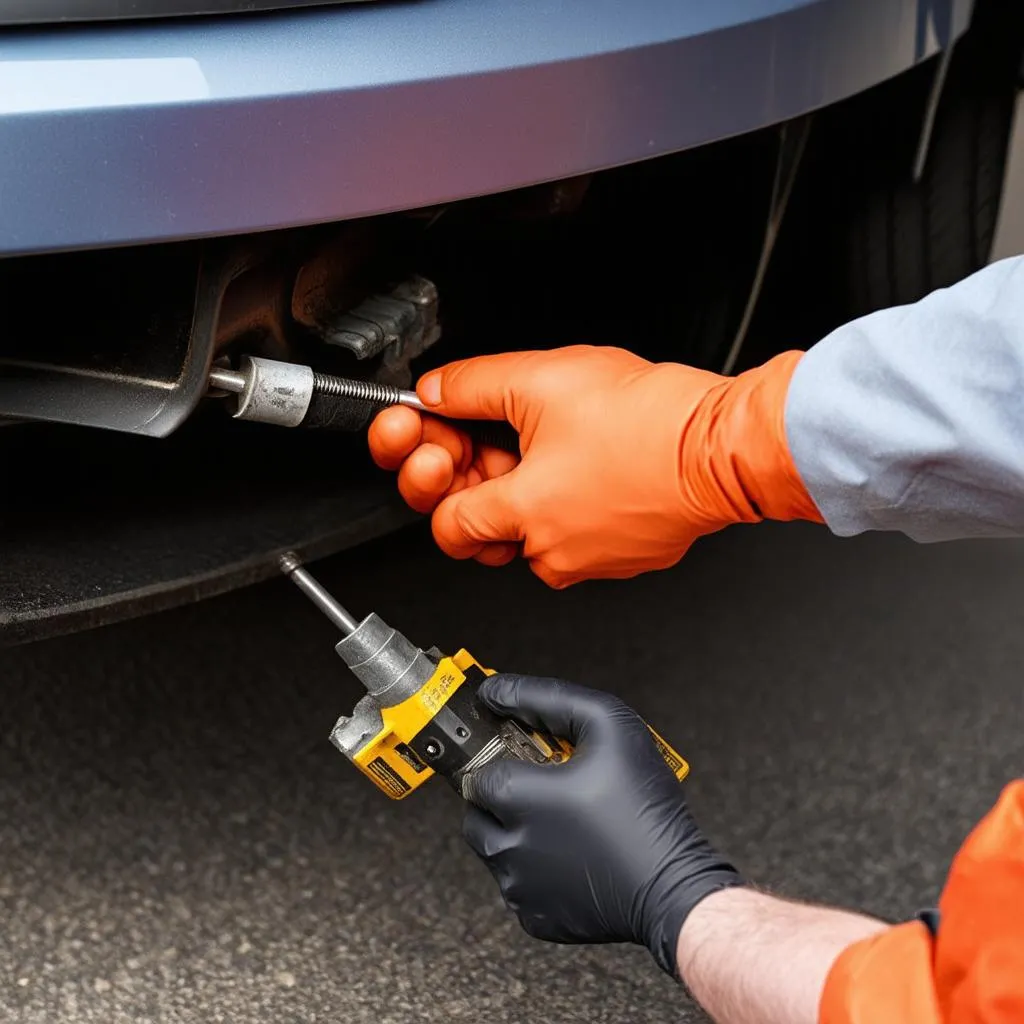 Technician Using Tools for Mobile Bumper Repair