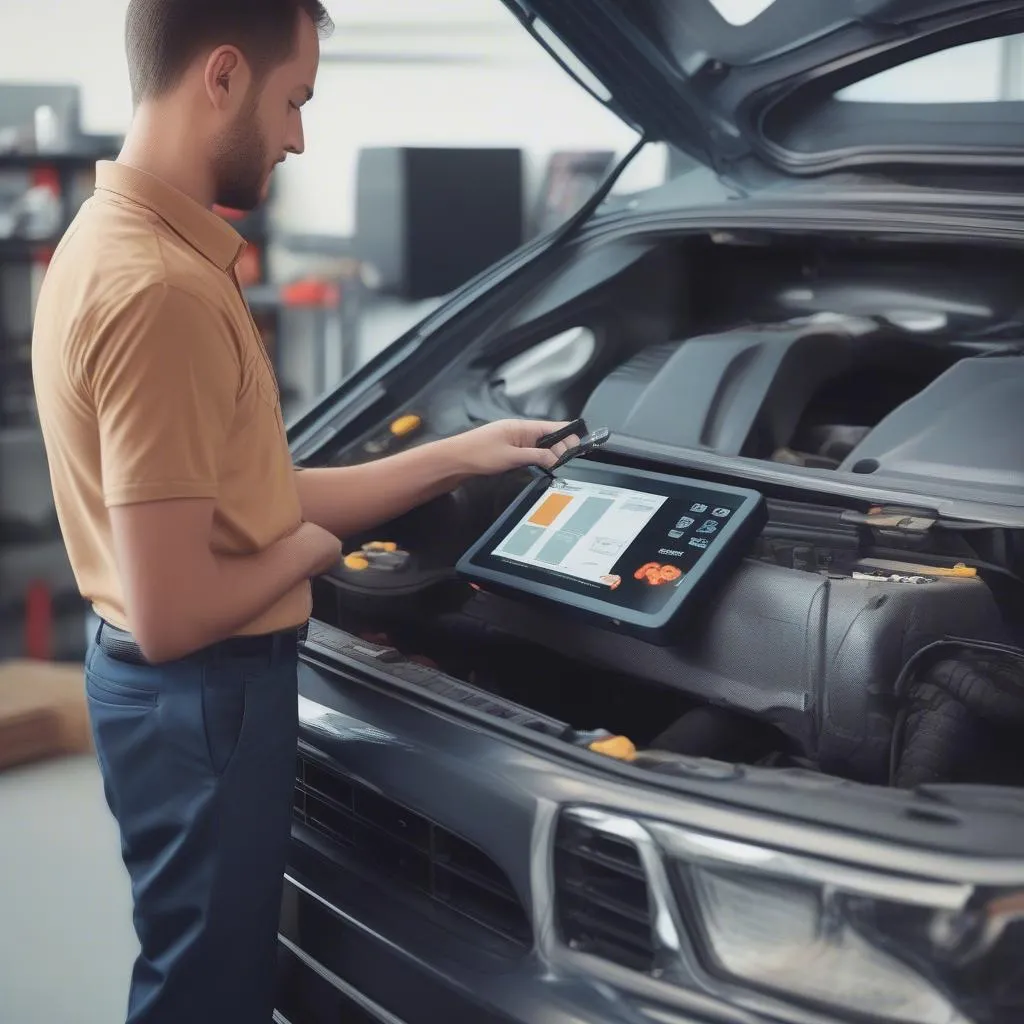 A multi-brand OBD scanner being used to diagnose a car problem