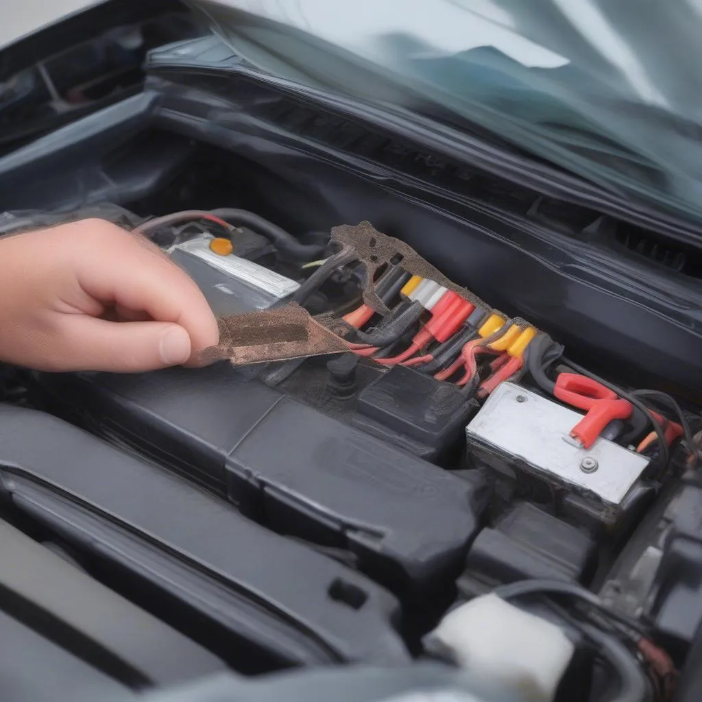 Car battery inspection with a nail protruding: Nail care glow effect example