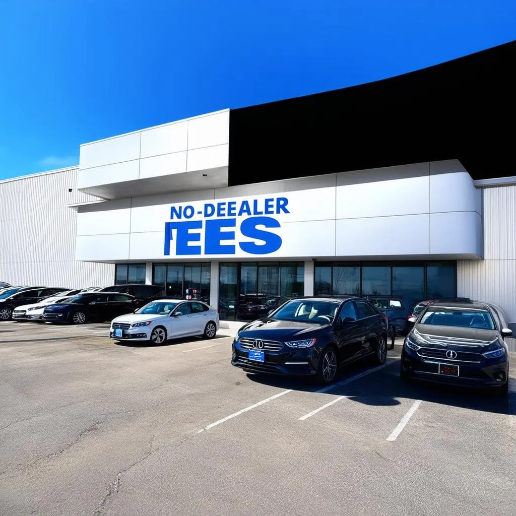 Modern car dealership building with a banner that says "No Dealer Fees"