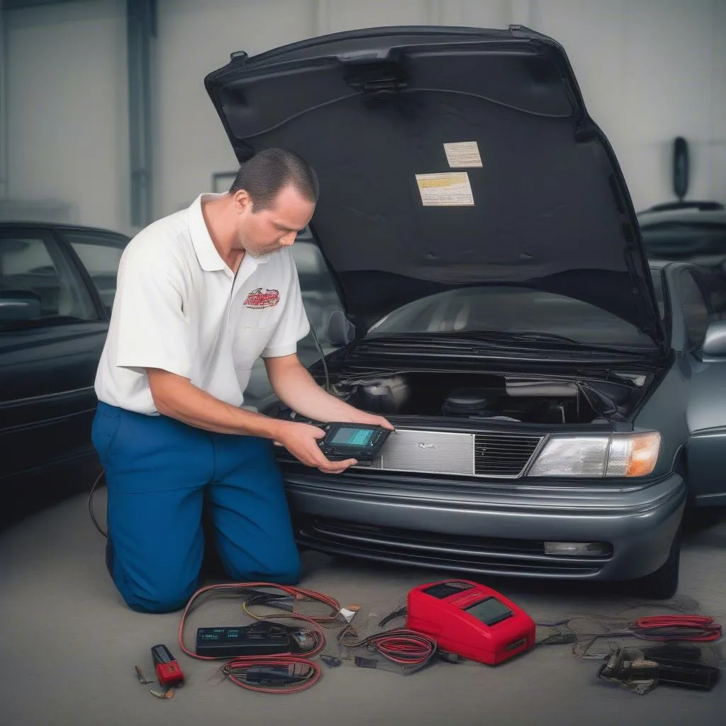 OBD-I scanner connected to the diagnostic port of a 1992 Lexus LS400