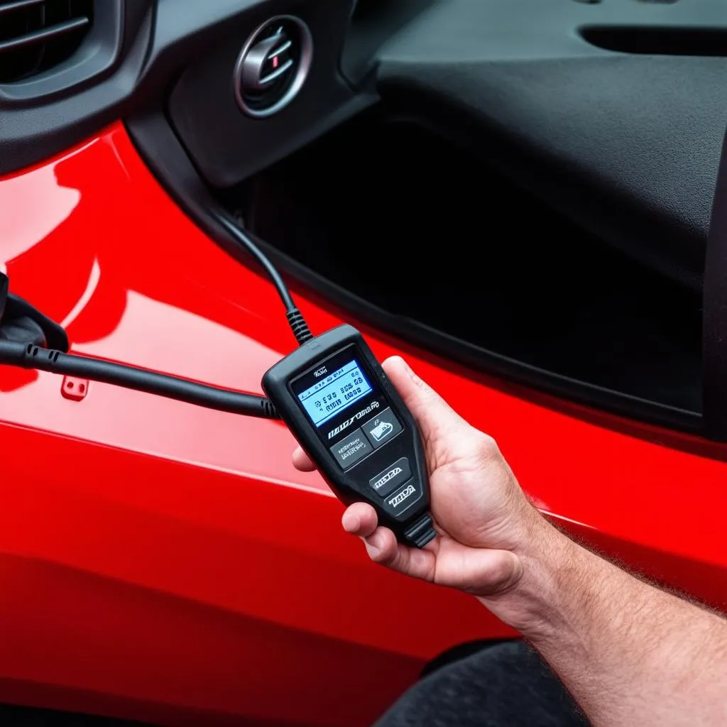 Mechanic connecting an OBD II scanner to a Mazda Miata