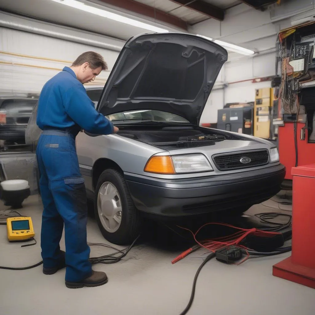 Mechanic using OBD scanner on a 1996 car