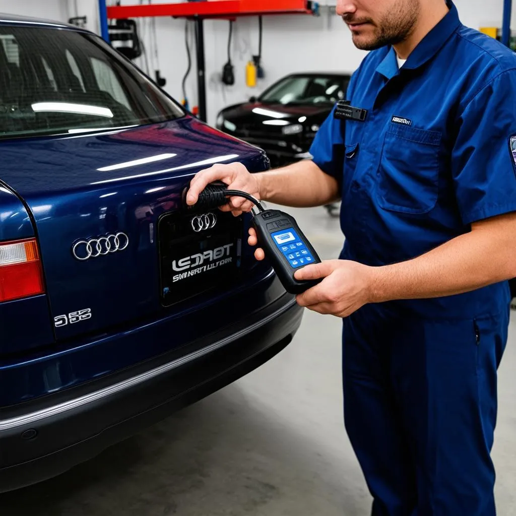 Mechanic using an OBD scanner on a 1996 Audi A6