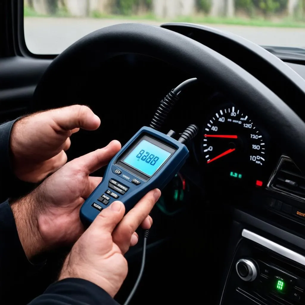 Car diagnostic tool connected to a vehicle