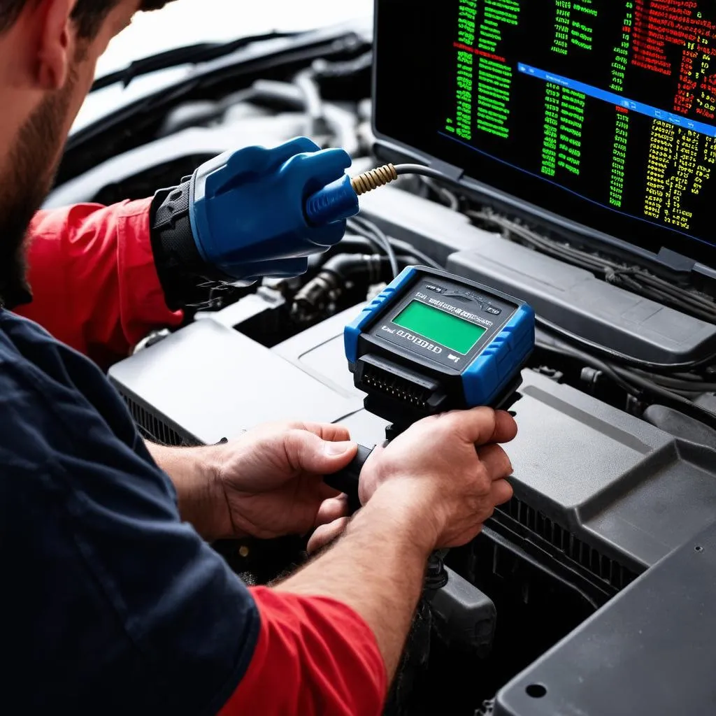 Mechanic Using OBD Scanner to Diagnose Misfire