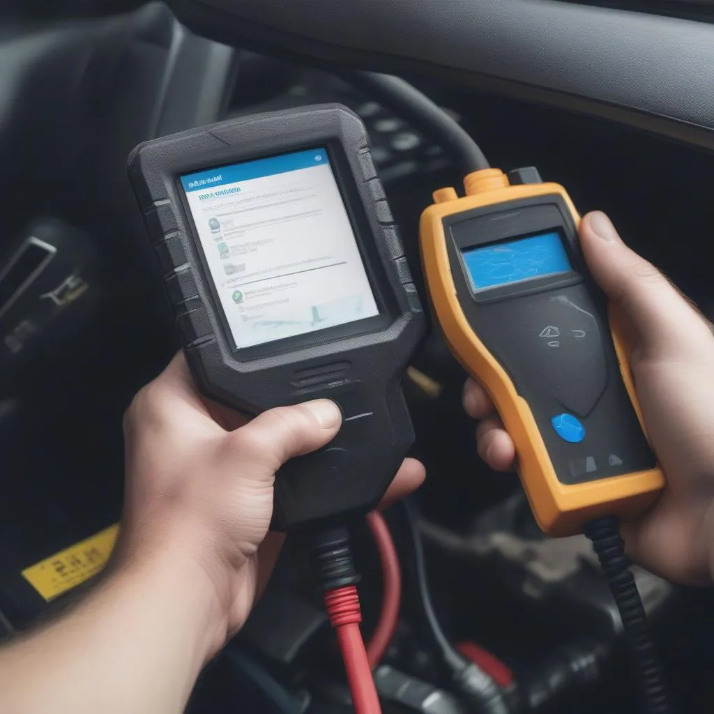 Mechanic using an OBD2 scanner on a car engine