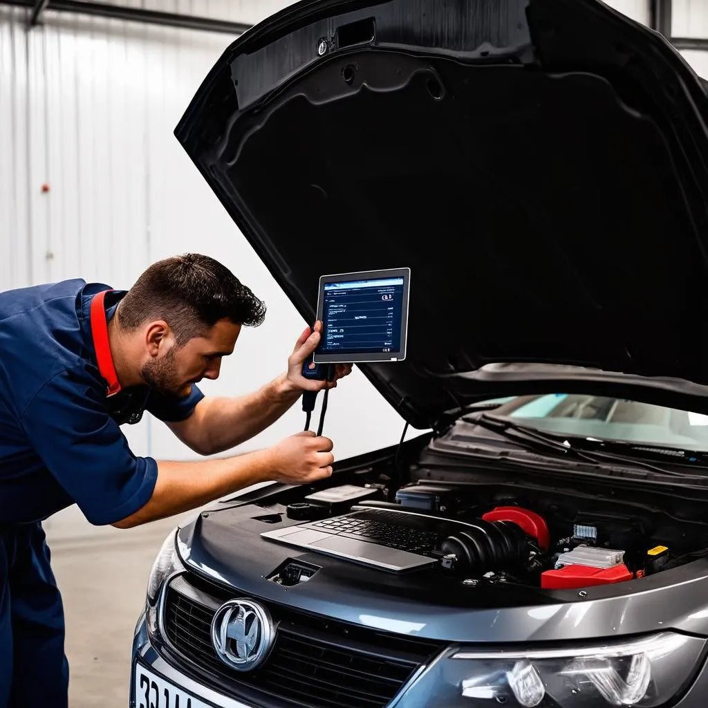 Mechanic Using OBD2 Scanner