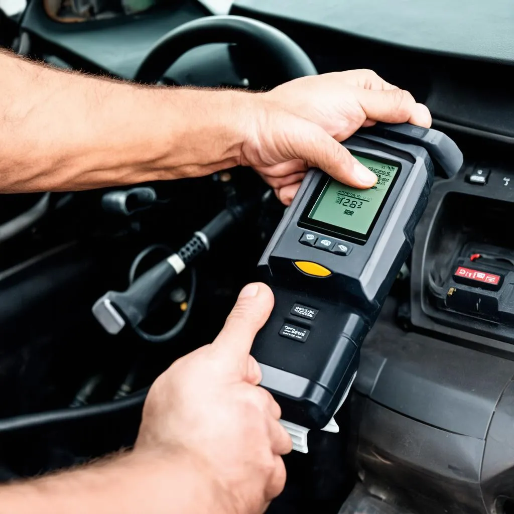 Mechanic using OBD2 scanner on Saturn Aura