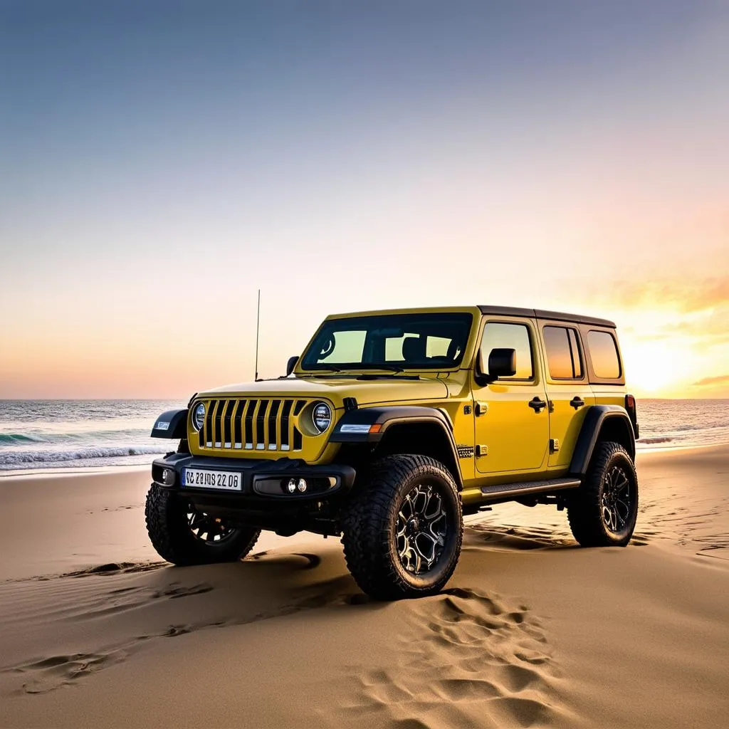 Off-road vehicle parked on the beach with a beautiful sunset view over the ocean.