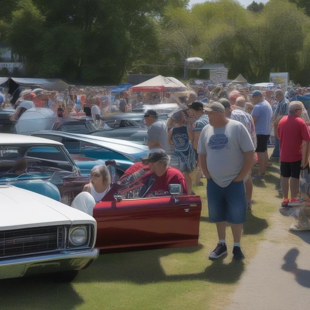 A lively OOB Car Show 2024 atmosphere with attendees admiring a sleek sports car.