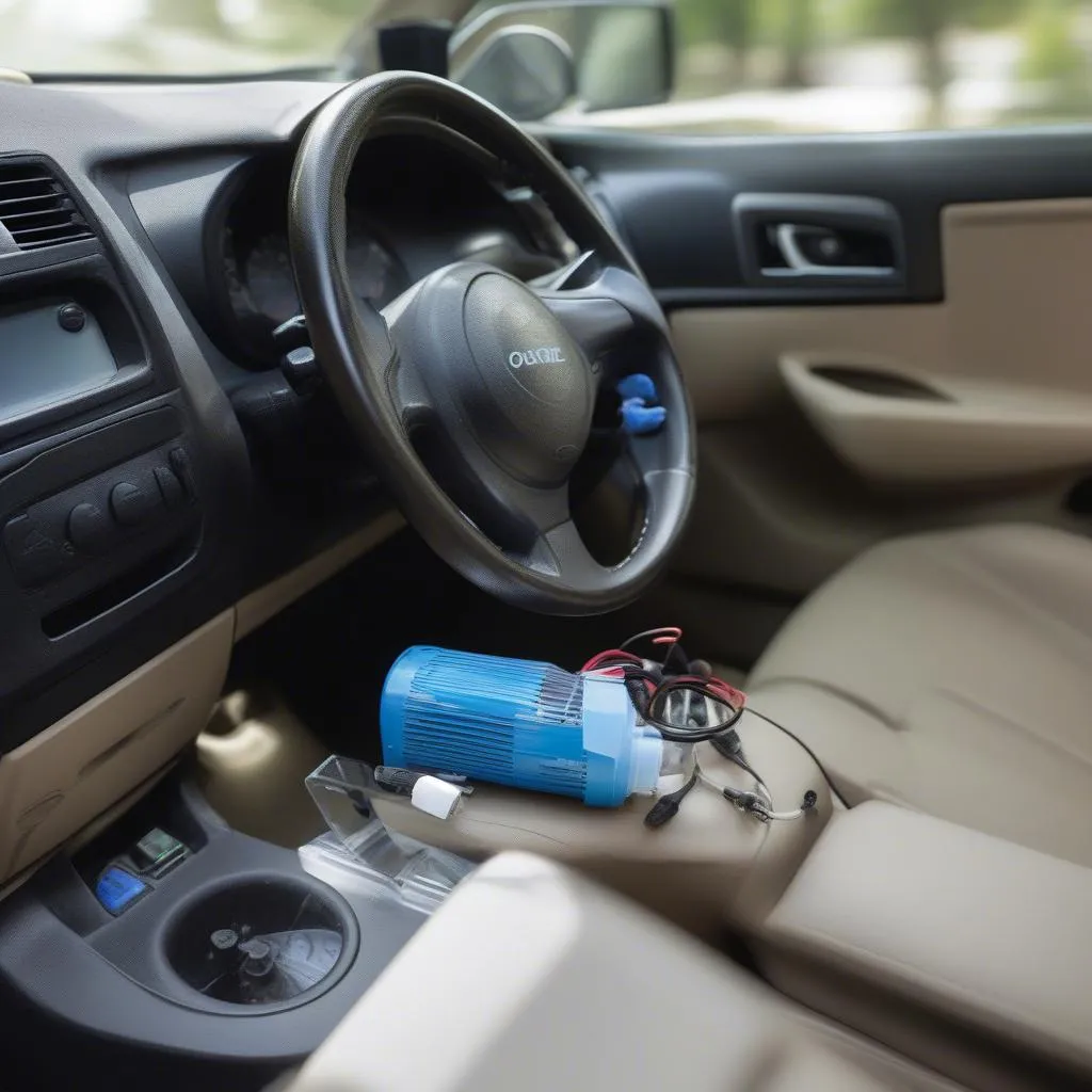 Ozone generator being used in a car for odor removal