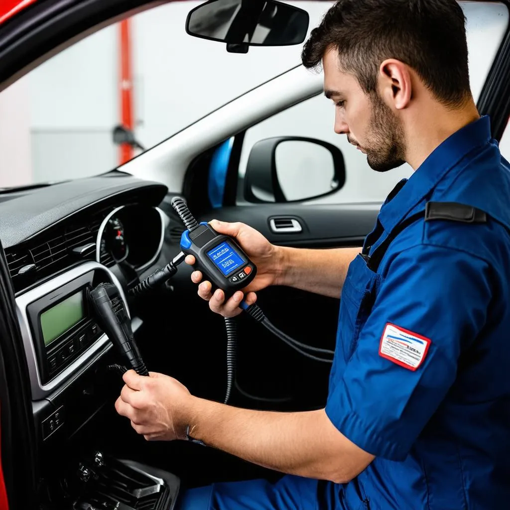 Mechanic using an OBD-II scanner on a car