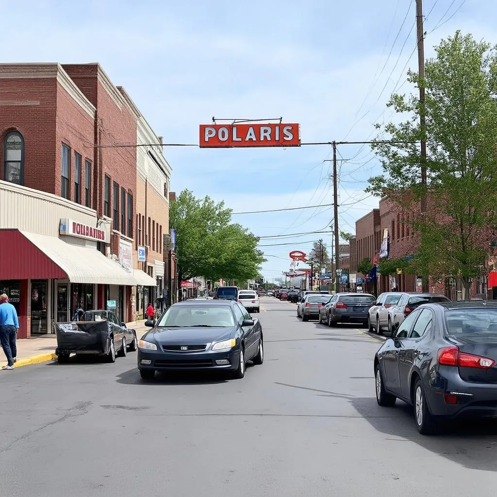 Street view of Polaris Ohio with shops and cars.